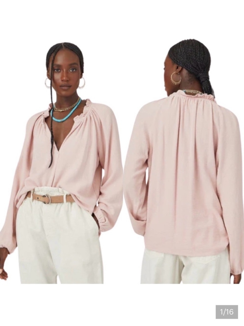 XIRENA Camila Crepe Top Rosefinch Pale Pink V-Neck Long Sleeve Loose Fit Size SM